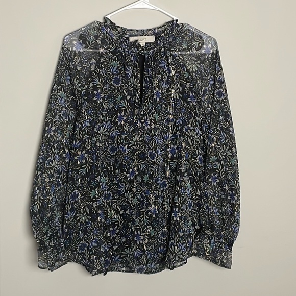 Loft Black-Blue-Green-Gray Flower Print Lined Sheer Long Sleeve Tunic- Medium - Picture 2 of 16